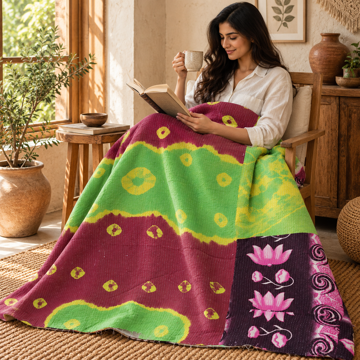 Vintage Kantha Quilt Handmade Recycled Sari Bedspread – Green Burgundy Pink Floral Boho Throw - Image 3