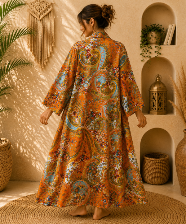 Alternative view of Orange Floral Paisley Long Kimono Robe – Boho Printed Cotton Maxi Kimono Jacket for Women