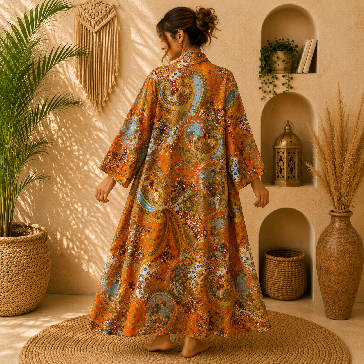 Orange Floral Paisley Long Kimono Robe – Boho Printed Cotton Maxi Kimono Jacket for Women - Image 2