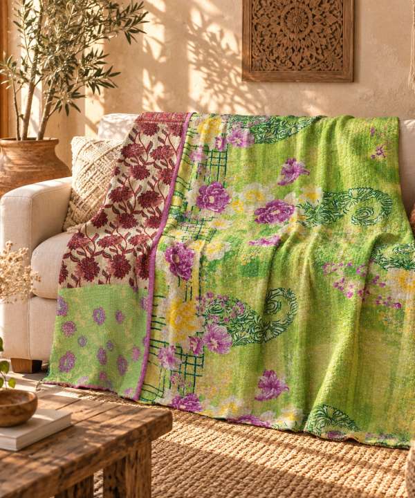 Vintage Green Kantha Quilt – Handmade Recycled Sari Cotton Floral Bedspread Throw