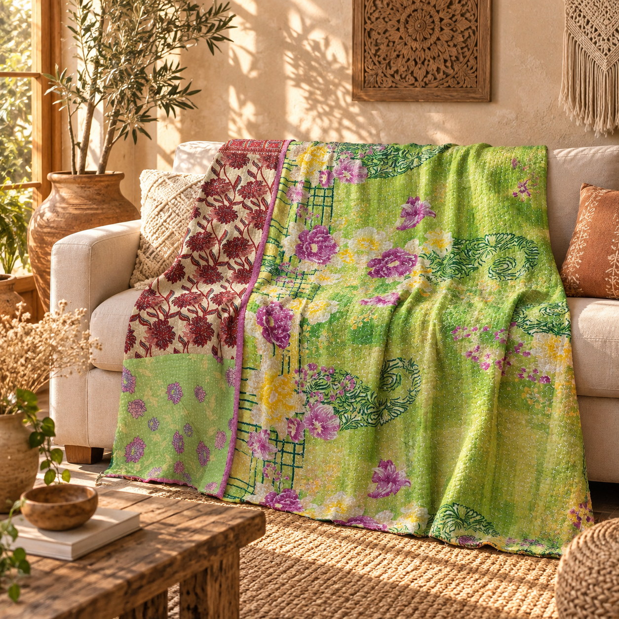 Vintage Green Kantha Quilt – Handmade Recycled Sari Cotton Floral Bedspread Throw