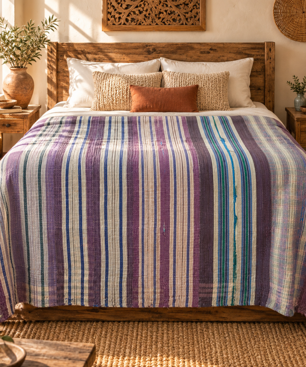 Alternative view of Vintage Kantha Quilt 60x90 Inches – Purple Blue Green Striped Handmade Cotton Bedspread Throw