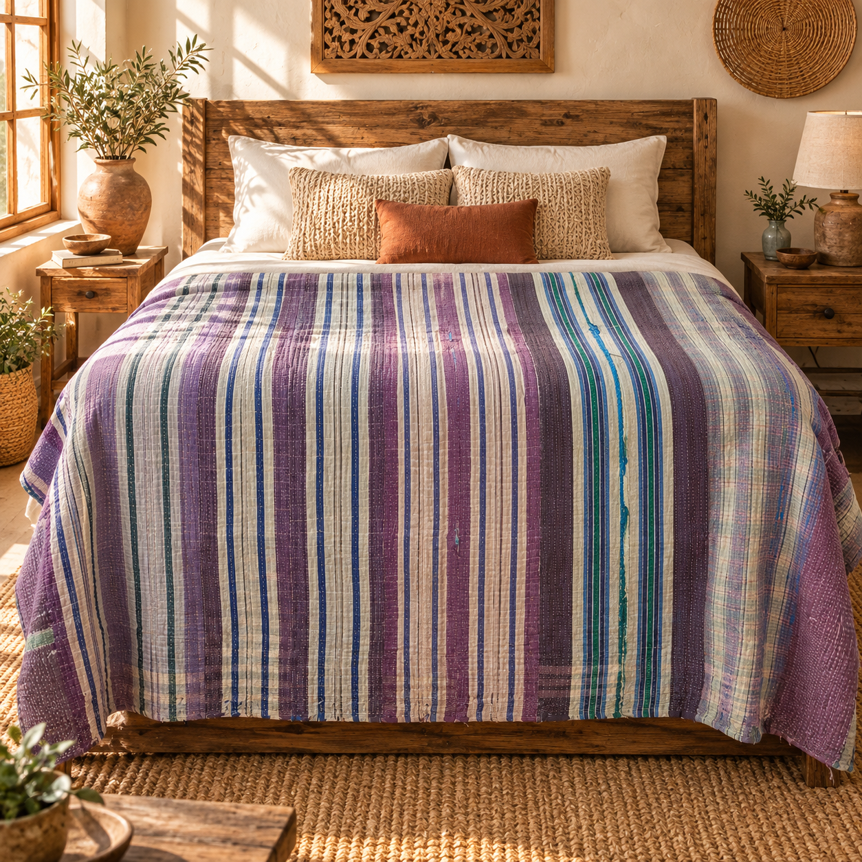 Vintage Kantha Quilt 60x90 Inches – Purple Blue Green Striped Handmade Cotton Bedspread Throw - Image 2