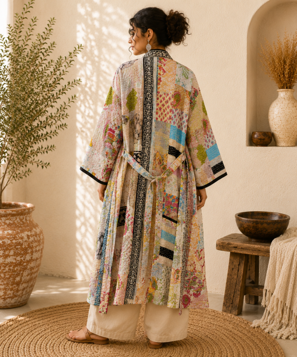 Alternative view of Ivory Cream Multicolor Vintage Kantha Long Kimono Robe – Handmade Patchwork Cotton Boho Jacket