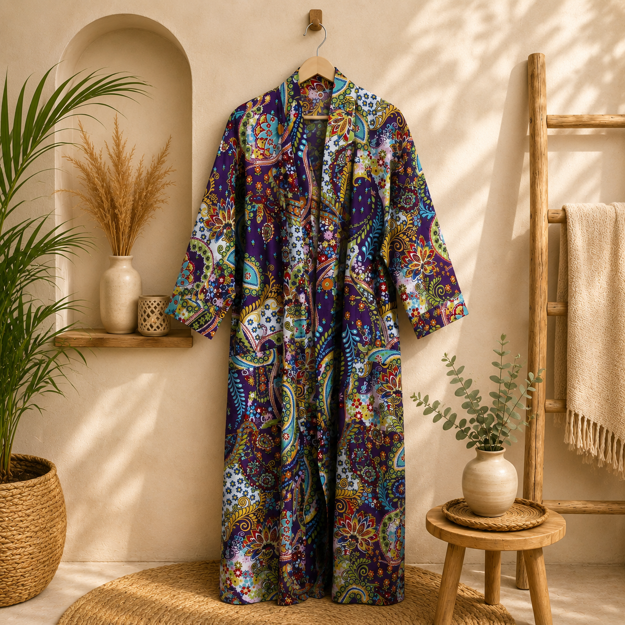 Purple Multicolor Floral Paisley Long Kimono Robe – Boho Printed Maxi Kimono Jacket for Women - Image 4