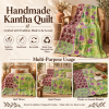 Vintage Green Kantha Quilt – Handmade Recycled Sari Cotton Floral Bedspread Throw - Image 4
