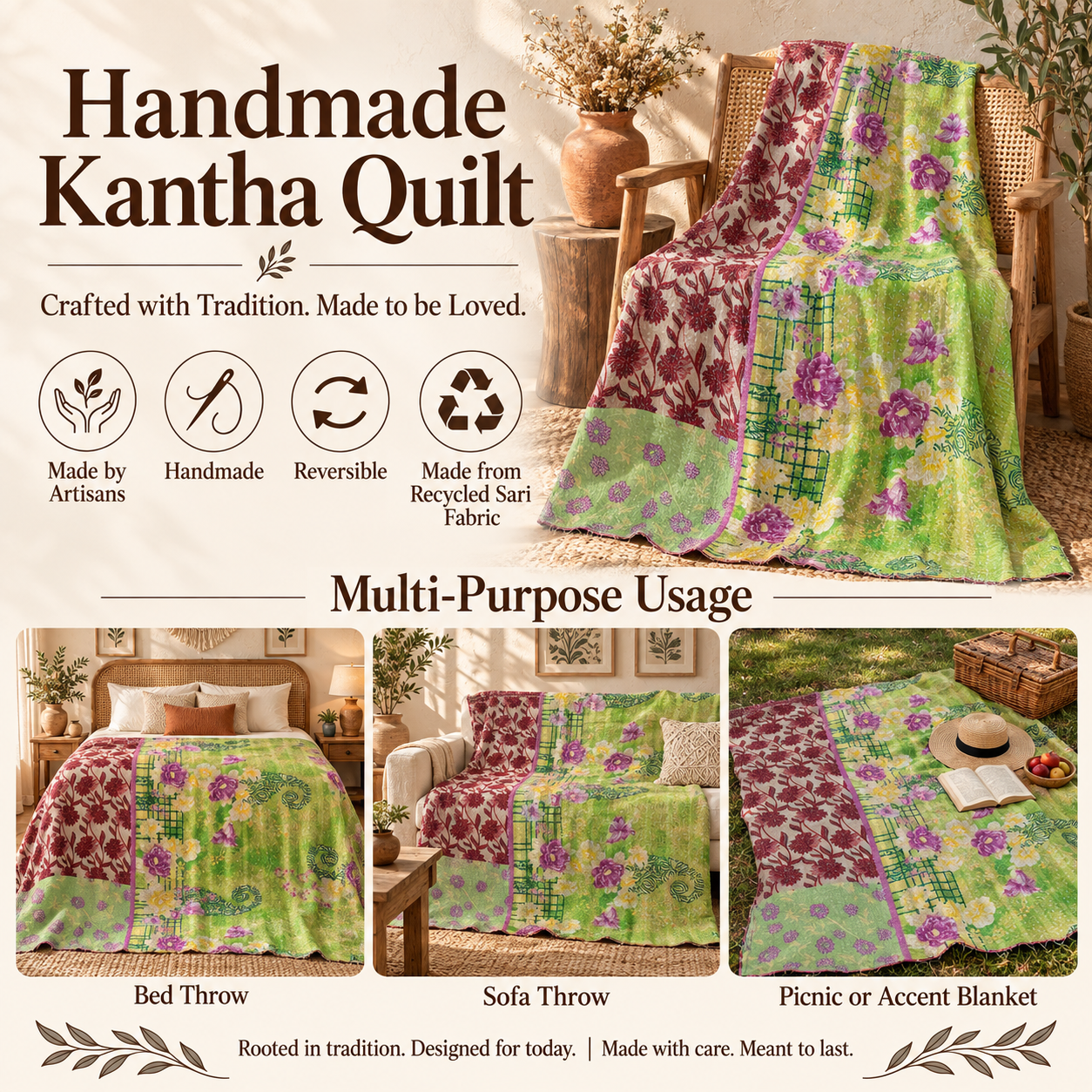 Vintage Green Kantha Quilt – Handmade Recycled Sari Cotton Floral Bedspread Throw - Image 4