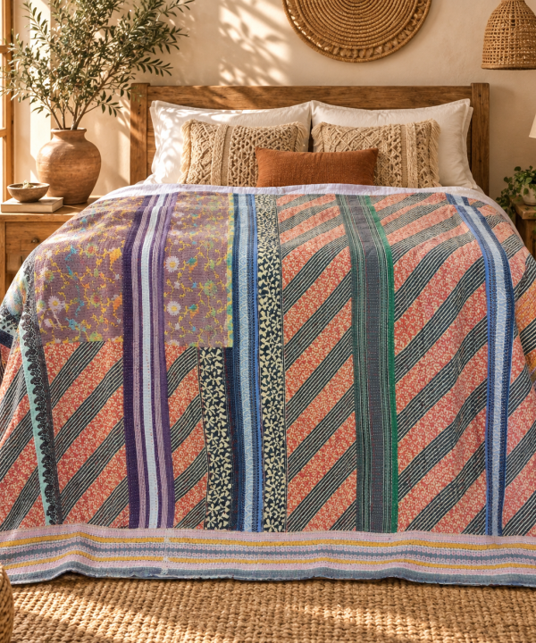 Alternative view of Vintage Kantha Quilt 60 x 90 Inches – Handmade Cotton Bedspread Throw – Multicolor Striped One of a Kind