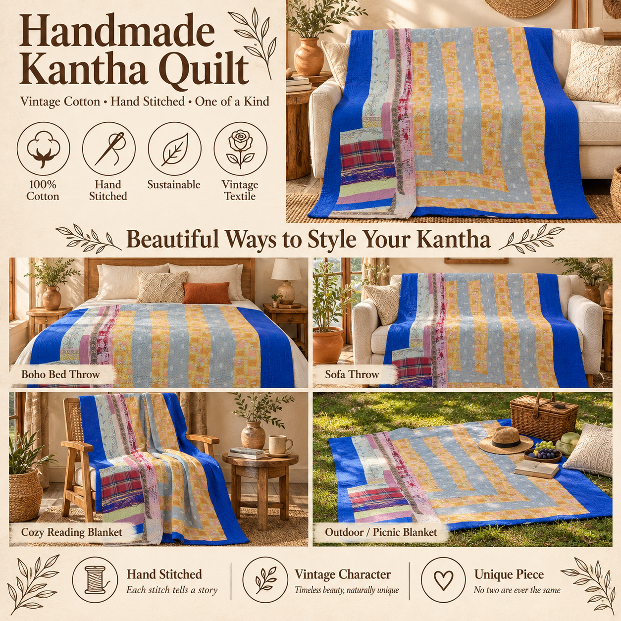 Vintage Kantha Quilt Blue Grey Mustard Cotton Throw – Handmade Indian Bedspread 60 x 90 Inches - Image 4