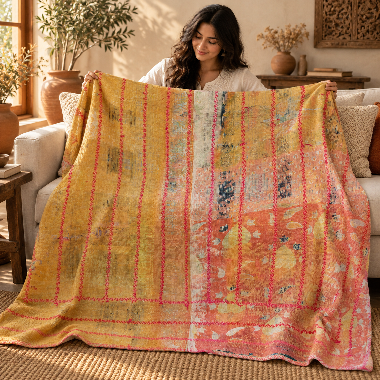 Mustard Yellow & Coral Pink Vintage Kantha Quilt 60 x 90 Inches – Handmade Cotton Bedspread – One of a Kind - Image 3