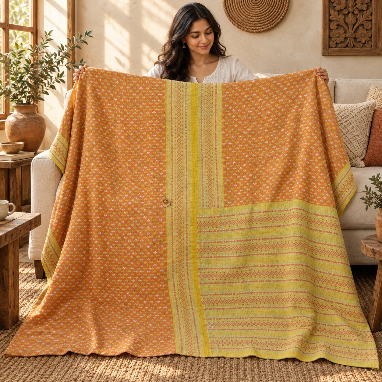 Vintage Orange Kantha Quilt 60x90 Inches – Handmade Cotton Boho Bedspread Throw - Image 3