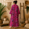 Hot Pink Floral Bird Print Cotton Long Kimono Robe for Women – Boho Maxi Kimono Jacket, Free Size with Pockets - Image 2