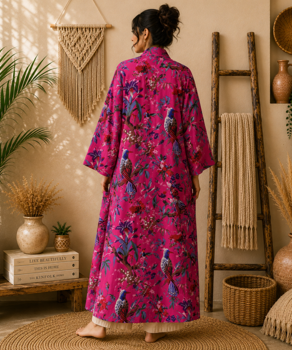 Alternative view of Hot Pink Floral Bird Print Cotton Long Kimono Robe for Women – Boho Maxi Kimono Jacket, Free Size with Pockets