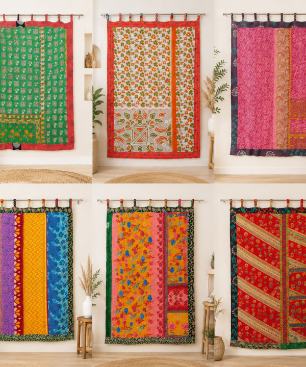 Alternative view of Vintage Kantha Patchwork Curtain 1 Pc – Multicolor Cotton Sari Window Panel Boho Tab Top Curtain