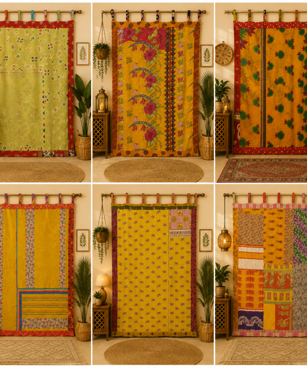 Yellow Vintage Kantha Curtain – Handmade Cotton Patchwork Boho Indian Window Door Curtain – 1 Pc