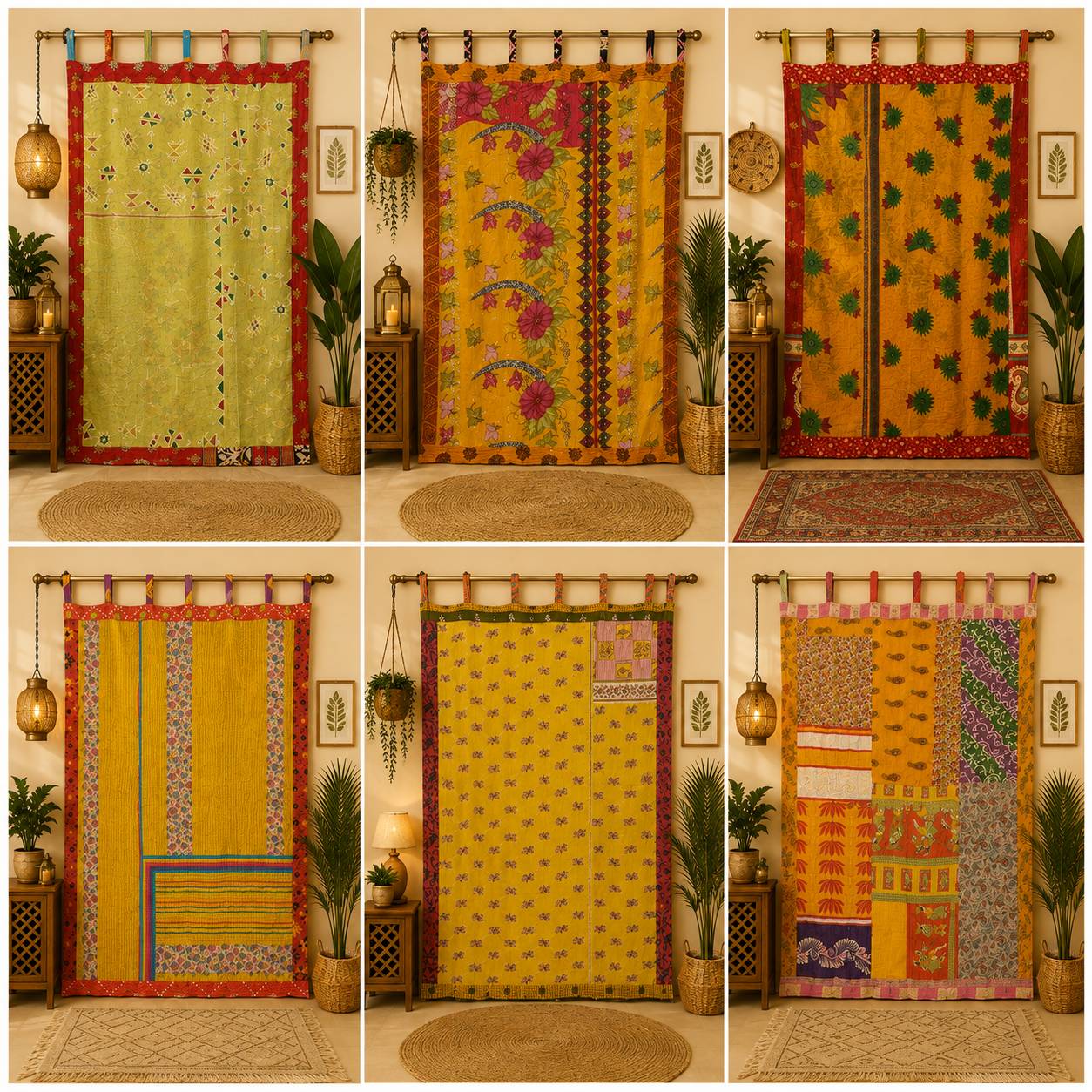 Yellow Vintage Kantha Curtain – Handmade Cotton Patchwork Boho Indian Window Door Curtain – 1 Pc