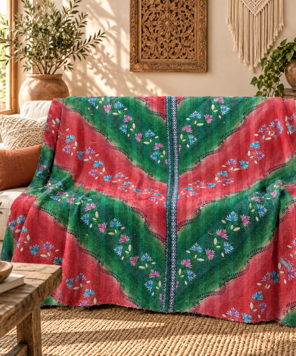 Vintage Handmade Kantha Quilt Green & Pink Floral Recycled Sari Cotton Boho Throw Blanket