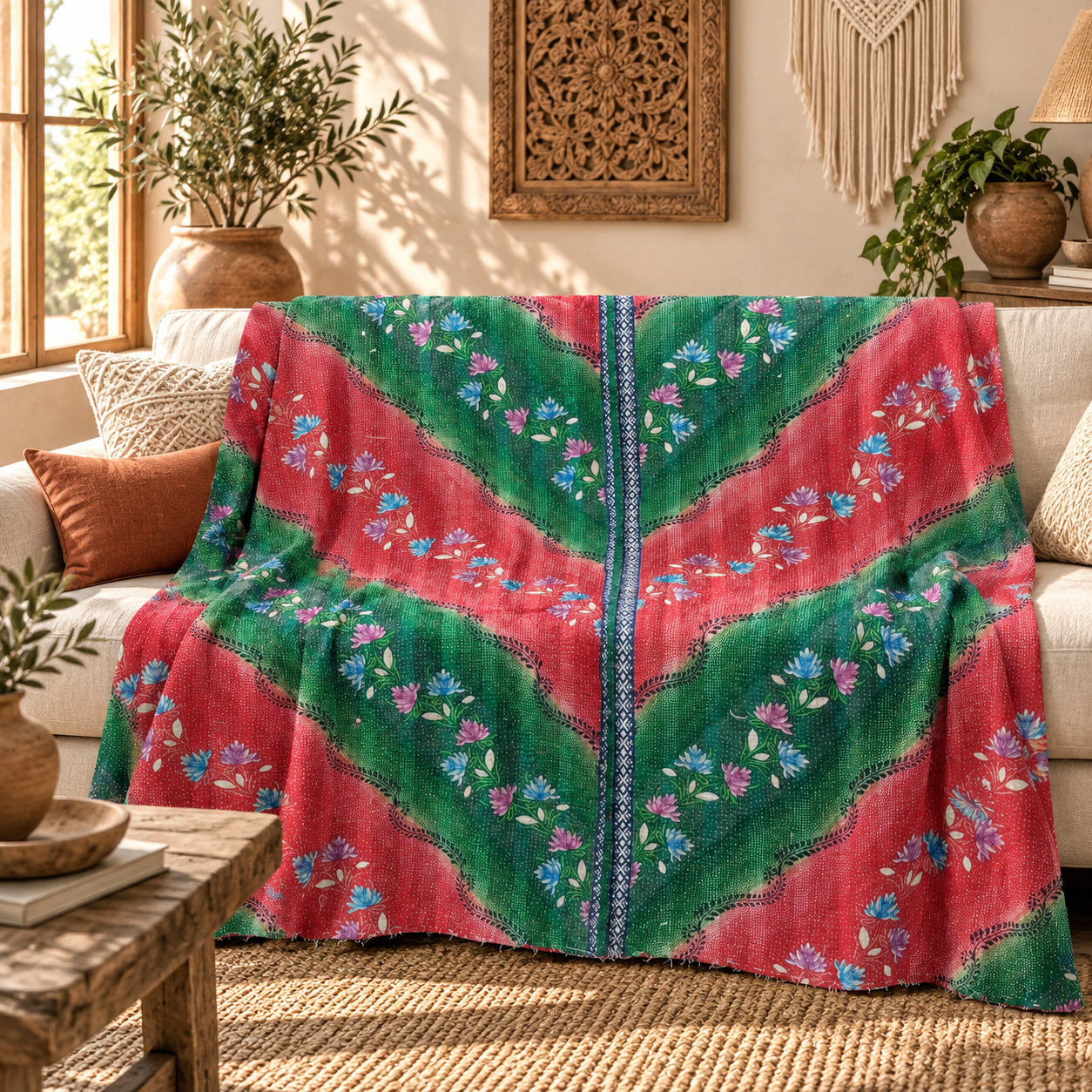 Vintage Handmade Kantha Quilt Green & Pink Floral Recycled Sari Cotton Boho Throw Blanket