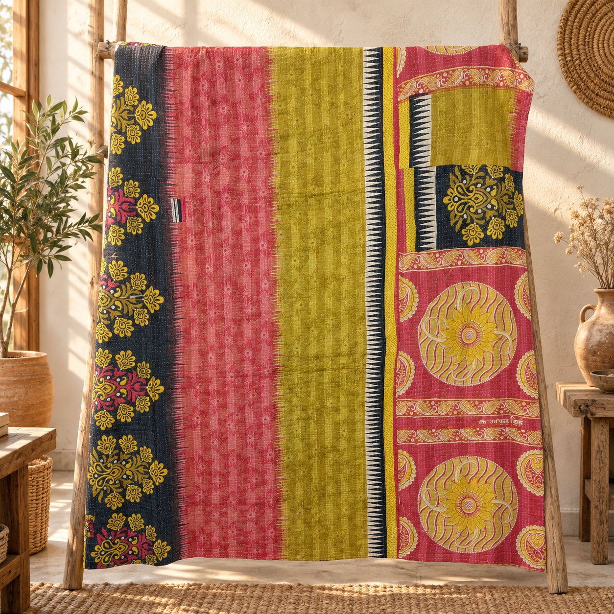 Vintage Red Navy Kantha Quilt – Hand Stitched Floral Cotton Throw 60 x 90 Inches - Image 5