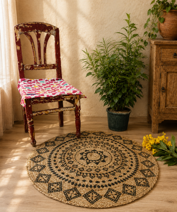 Handmade Round Jute Rug – Natural Braided Boho Area Rug – Rustic Farmhouse Floor Mat
