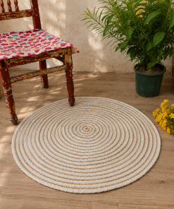 Alternative view of Handmade Round Jute Rug – Assorted Printed & Braided Boho Area Rug – Natural Indian Floor Mat