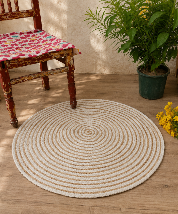 Alternative view of Handmade Round Jute Rug – Assorted Printed & Braided Boho Area Rug – Natural Indian Floor Mat