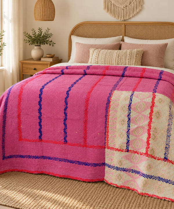 Alternative view of Vintage Kantha Quilt Handmade Recycled Cotton Bedspread, Indian Patchwork Throw Blanket, Boho Sofa & Picnic Quilt 50x80 Inch