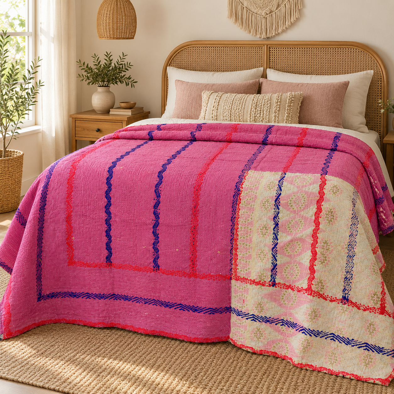 Vintage Kantha Quilt Handmade Recycled Cotton Bedspread, Indian Patchwork Throw Blanket, Boho Sofa & Picnic Quilt 50x80 Inch - Image 2
