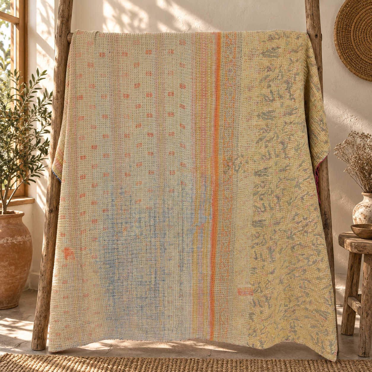 Vintage Ivory & Mustard Kantha Quilt 60x90 Inches – Hand Stitched Cotton Boho Throw - Image 5