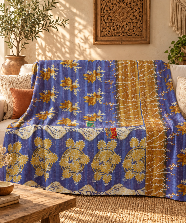 Vintage Handmade Kantha Quilt Blue & Mustard Floral Recycled Sari Cotton Boho Throw Blanket