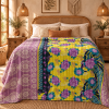 Vintage Handmade Kantha Quilt – Yellow & Purple Floral Recycled Sari Throw, Reversible Boho Indian Bedspread - Image 2