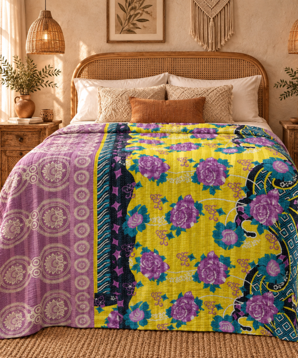 Alternative view of Vintage Handmade Kantha Quilt – Yellow & Purple Floral Recycled Sari Throw, Reversible Boho Indian Bedspread