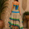 Beige Blue Green Patchwork Maxi Dress – Strapless Smocked Tiered High Low Boho Summer Dress - Image 4