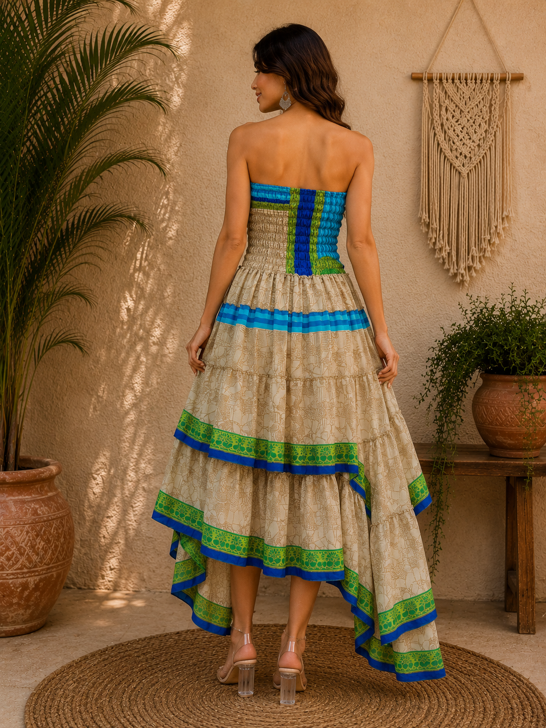 Beige Blue Green Patchwork Maxi Dress – Strapless Smocked Tiered High Low Boho Summer Dress - Image 4