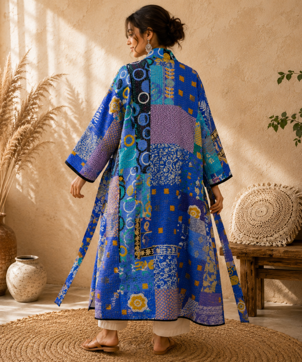 Alternative view of Blue Multicolor Vintage Kantha Long Kimono Robe – Handmade Patchwork Cotton Boho Jacket