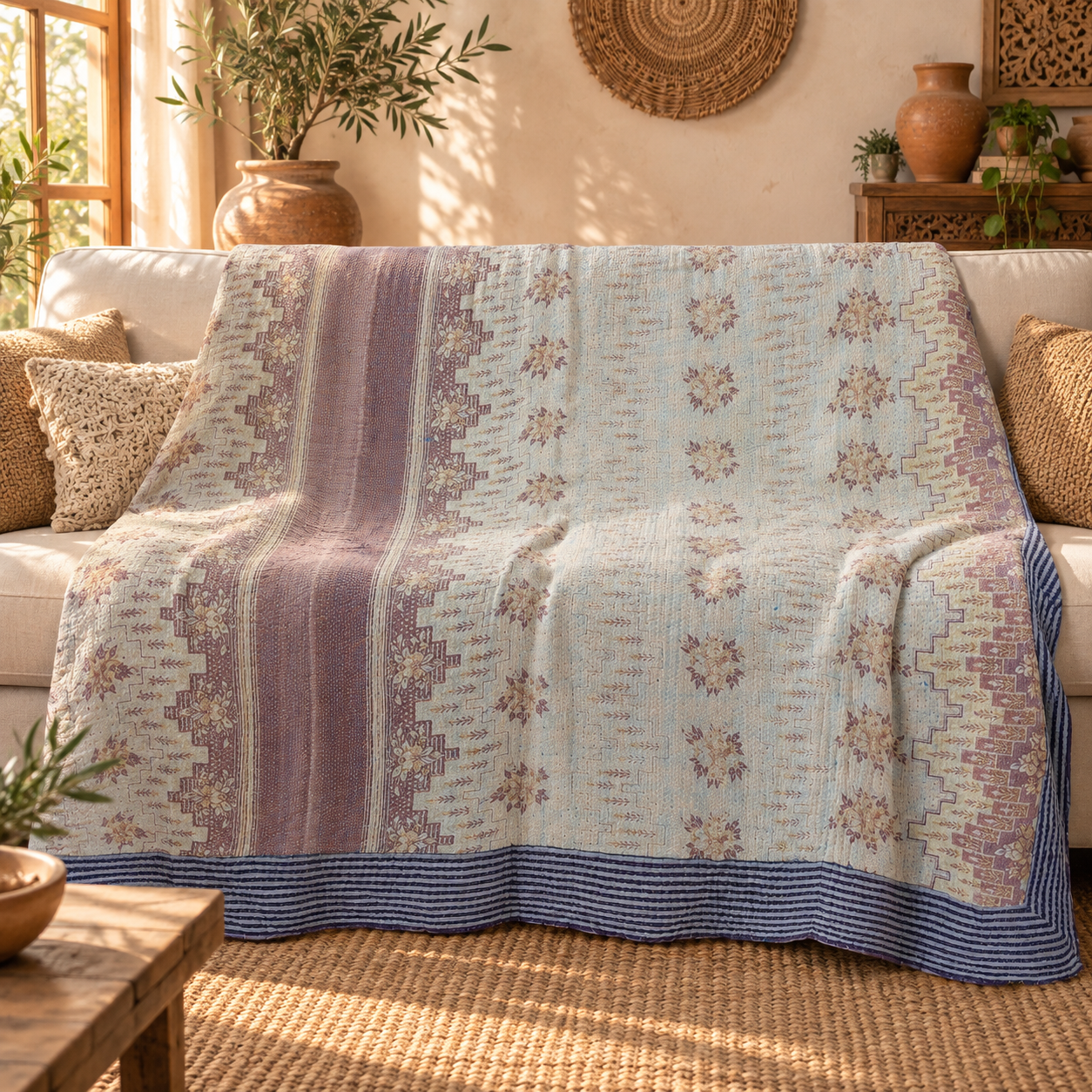 Light Blue & Lavender Vintage Kantha Quilt 60 x 90 Inches – Handmade Floral Cotton Bedspread – One of a Kind