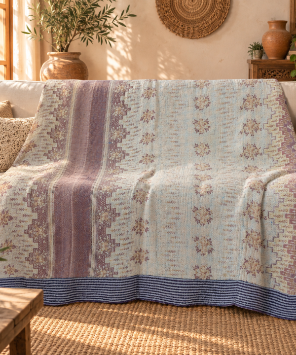 Magenta Pink & Sage Green Vintage Kantha Quilt 60 x 90 Inches – Handmade Floral Cotton Bedspread – One of a Kind