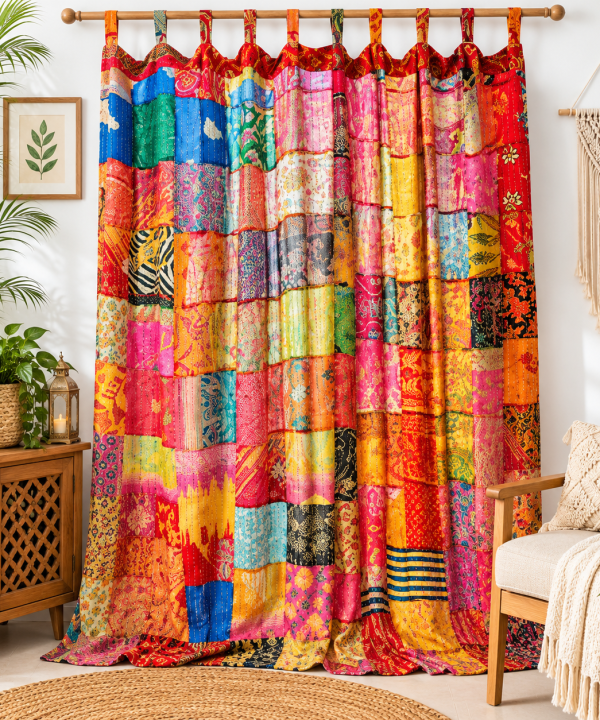Vintage Kantha Patchwork Curtain – Handmade Multicolor Cotton Boho Window Door Curtain – 1 Pc