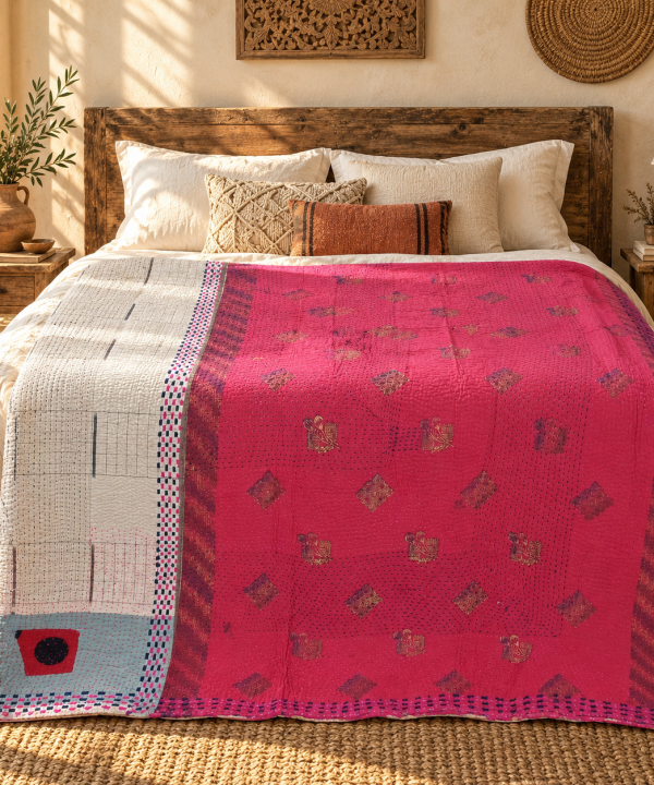 Alternative view of Vintage Hot Pink Kantha Quilt 60x90 Inches – Hand Stitched Cotton Boho Throw