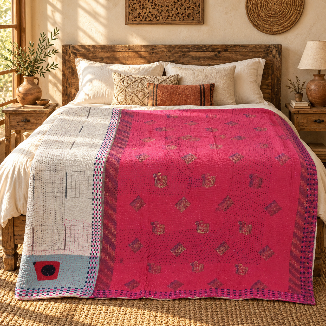 Vintage Hot Pink Kantha Quilt 60x90 Inches – Hand Stitched Cotton Boho Throw - Image 2