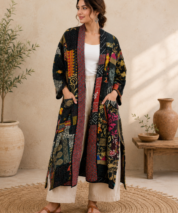 Vintage Kantha Long Kimono Jacket – Black Multicolor Patchwork Cotton Handmade Boho Coat