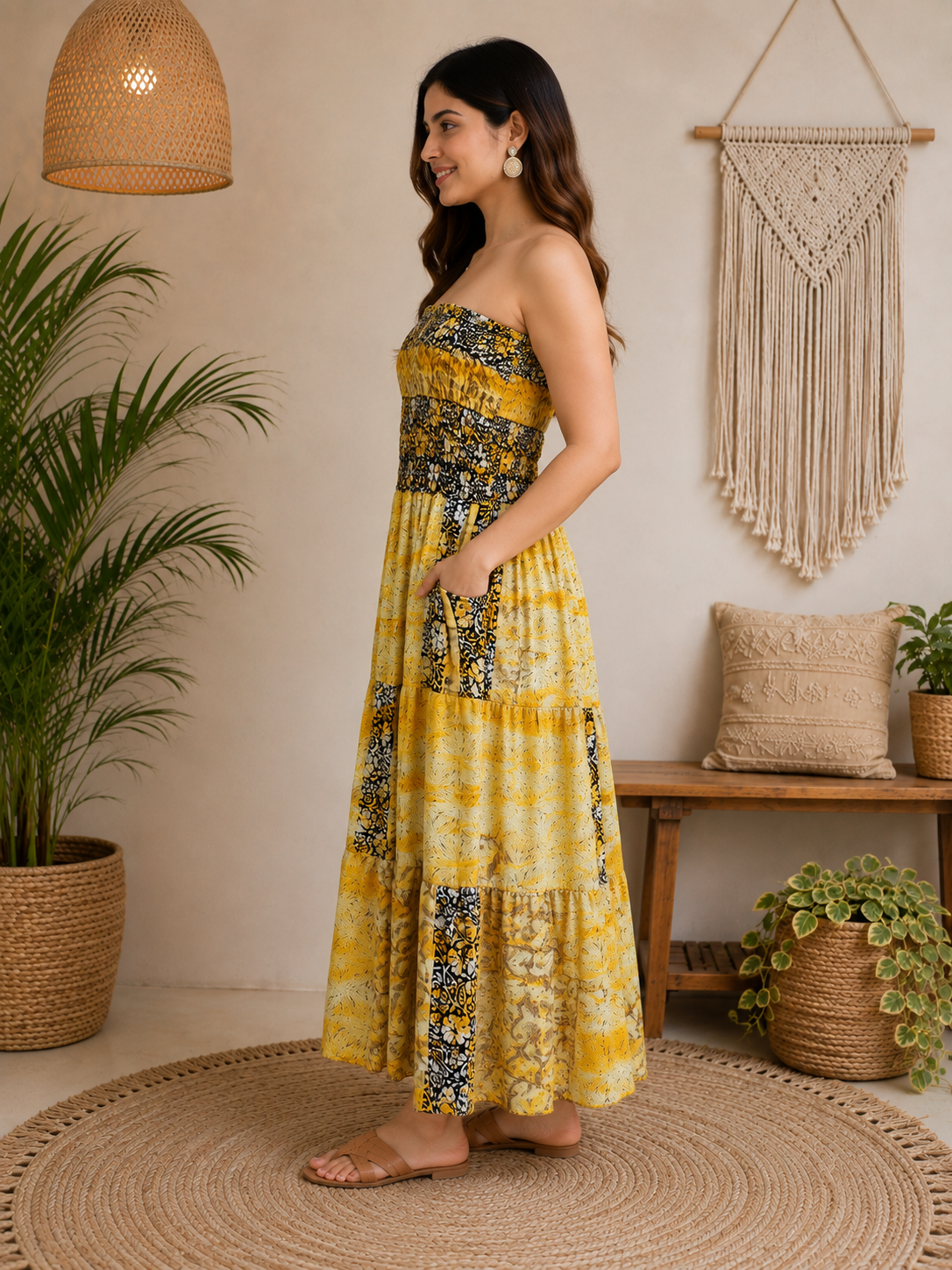 Yellow Black & Cream Patchwork Maxi Dress – Strapless Smocked Boho Printed Summer Dress - Image 3