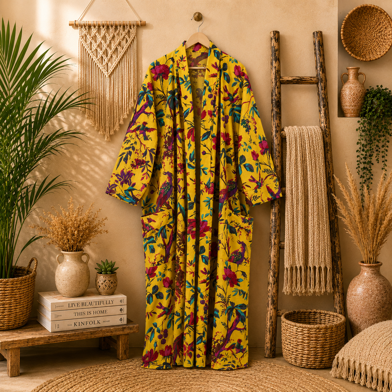 Mustard Yellow Floral Bird Print Cotton Long Kimono Robe for Women – Boho Maxi Kimono, Free Size with Pockets - Image 3