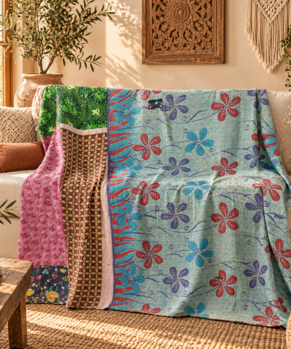 Vintage Light Blue Kantha Quilt – Handmade Floral Recycled Sari Cotton Bedspread Throw