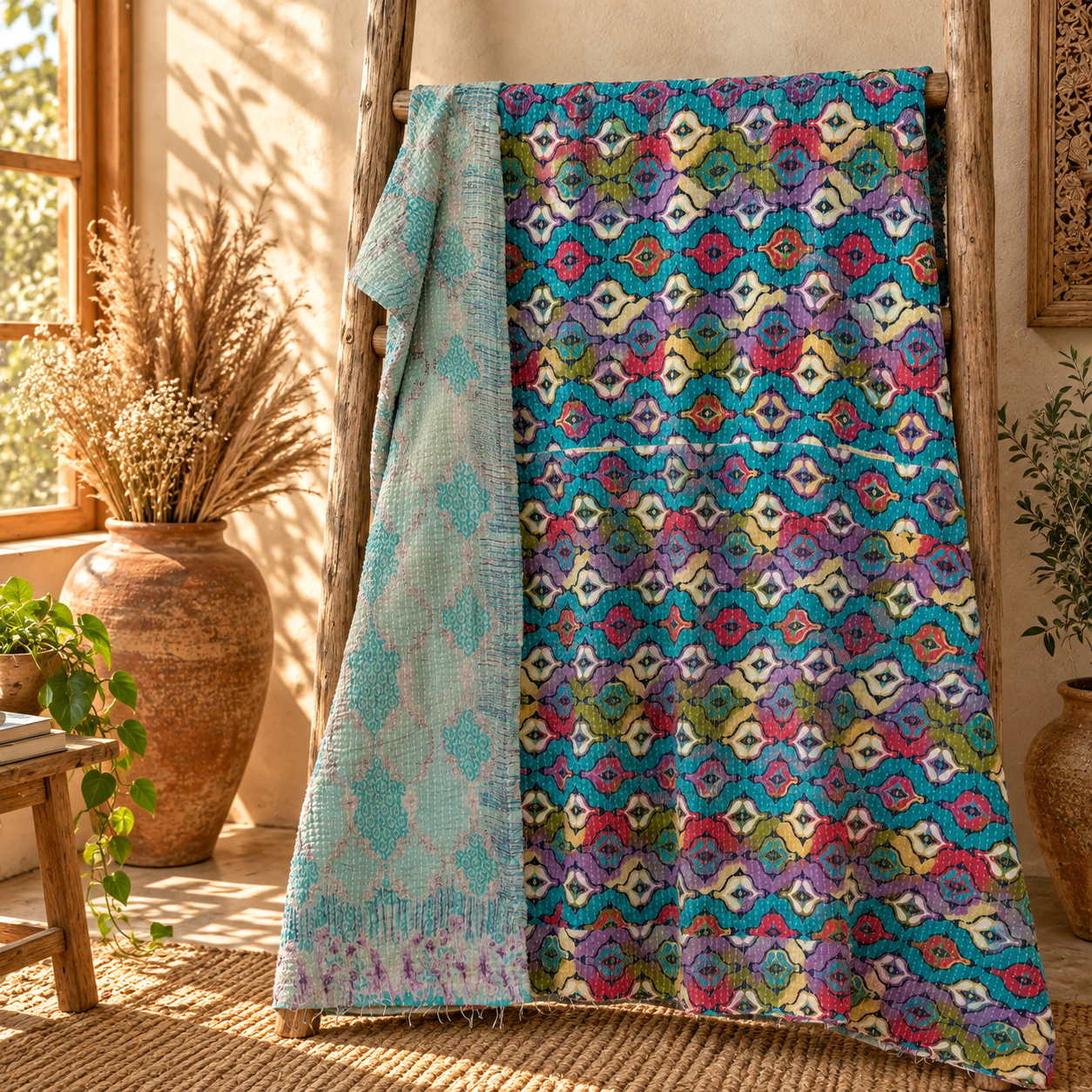 Vintage Purple Kantha Quilt – Handmade Recycled Sari Indian Bedspread, Reversible Boho Throw Blanket - Image 5