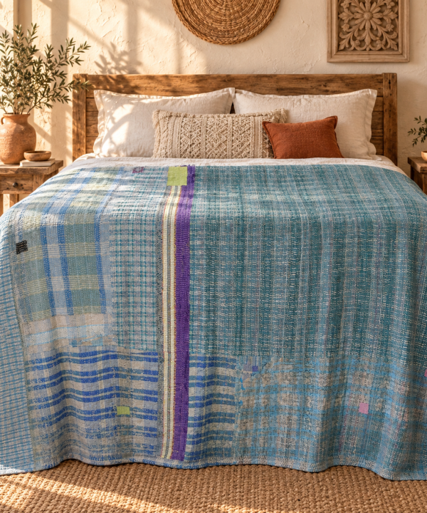 Alternative view of Vintage Blue Kantha Quilt – Handmade Cotton Patchwork Bedspread, Boho Throw 60 x 90 Inches