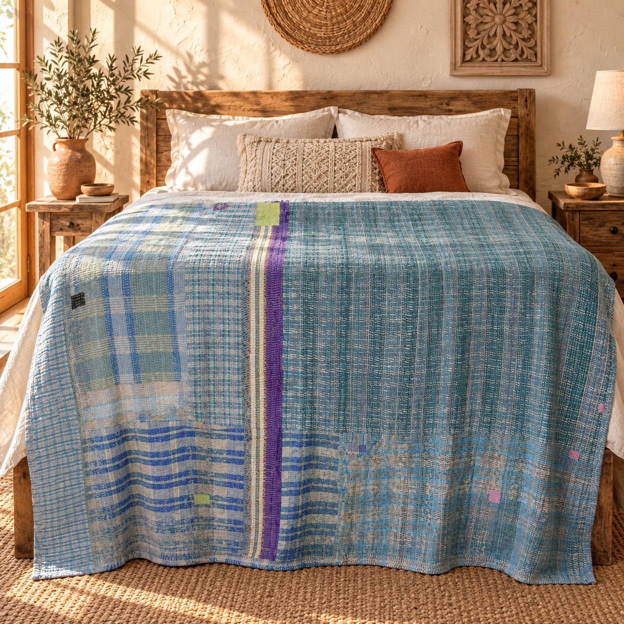 Vintage Blue Kantha Quilt – Handmade Cotton Patchwork Bedspread, Boho Throw 60 x 90 Inches - Image 2