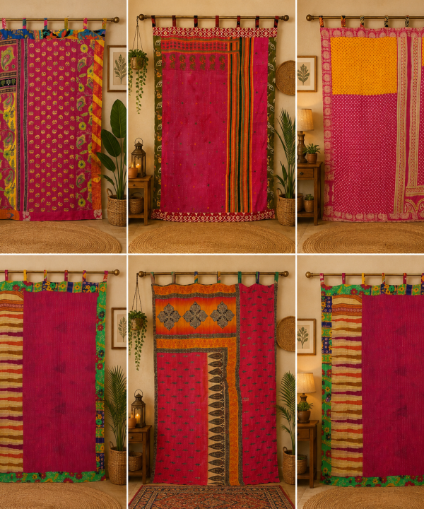 Pink Vintage Kantha Curtain – Handmade Cotton Patchwork Boho Indian Window Door Curtain – 1 Pc