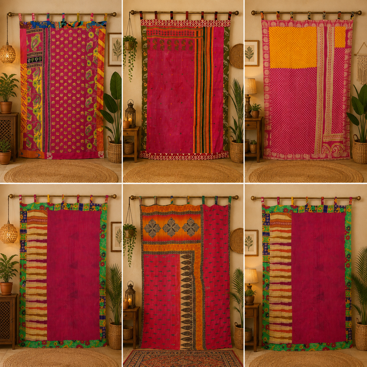 Pink Vintage Kantha Curtain – Handmade Cotton Patchwork Boho Indian Window Door Curtain – 1 Pc