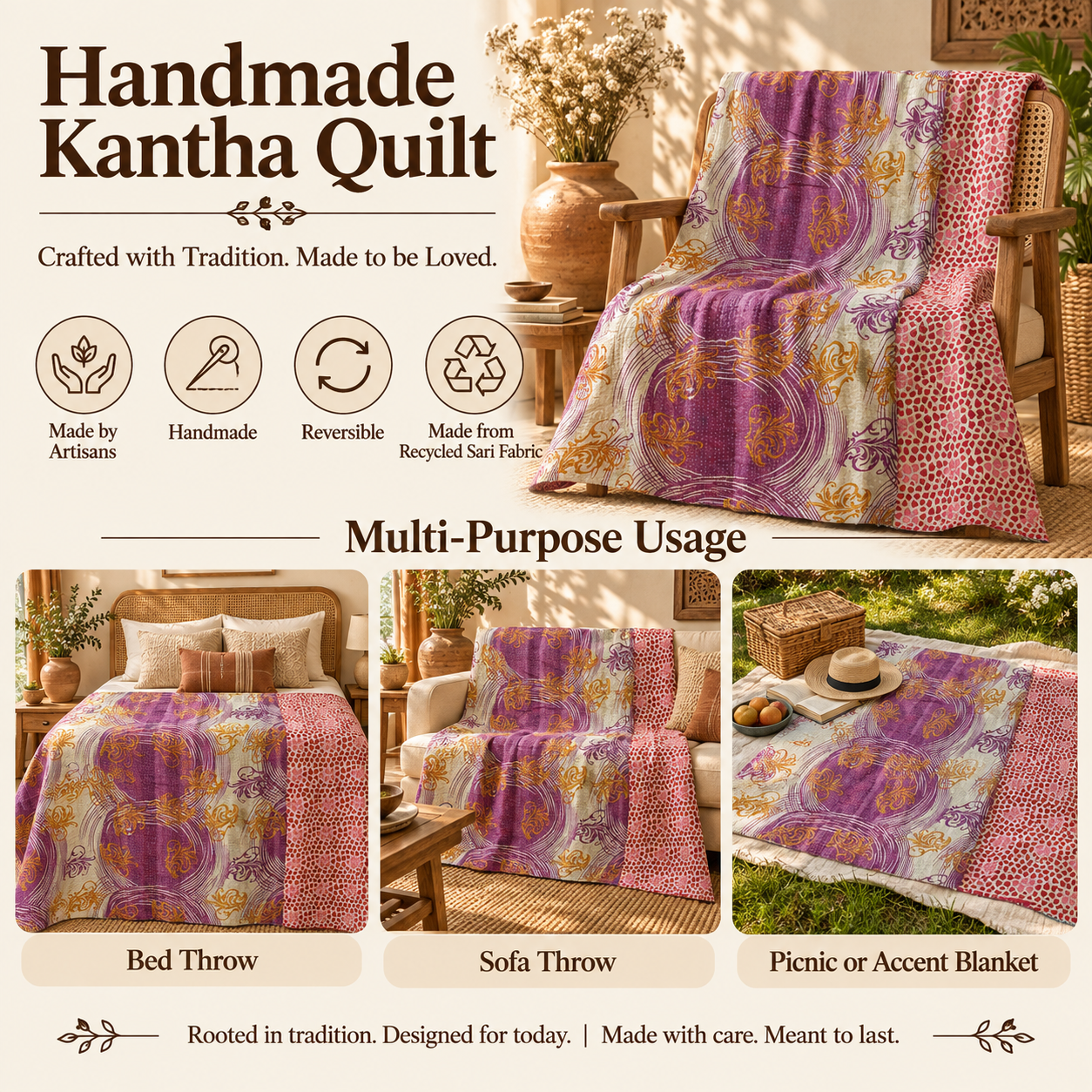 Vintage Purple Kantha Quilt – Handmade Recycled Sari Indian Bedspread, Reversible Boho Throw Blanket - Image 4
